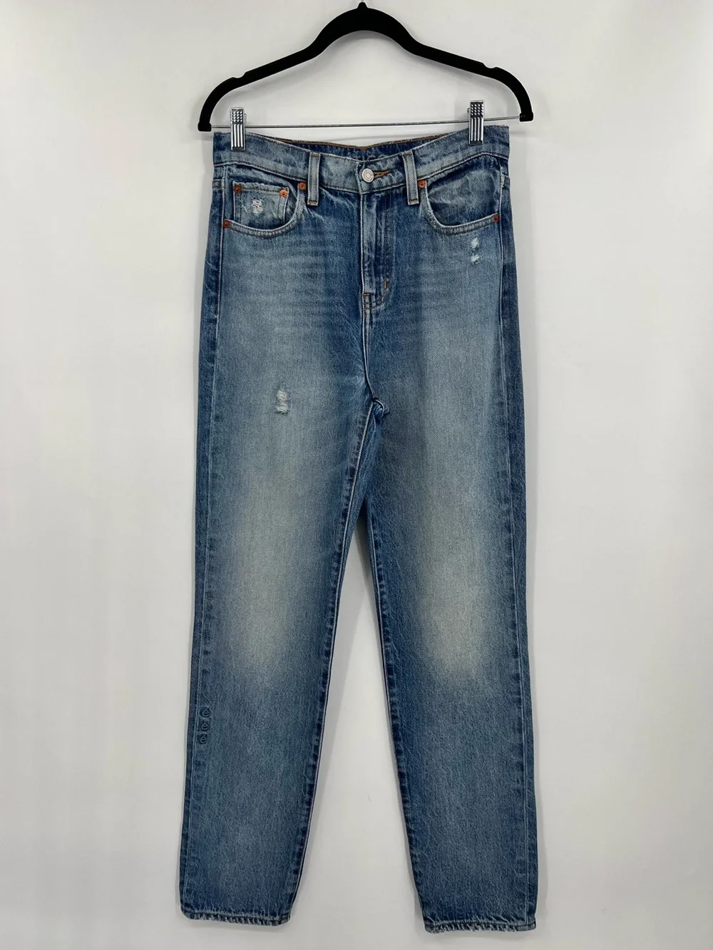 Etica Finn Venice Straight Leg High Rise Ankle Jeans Distressed Stretch Blue 26